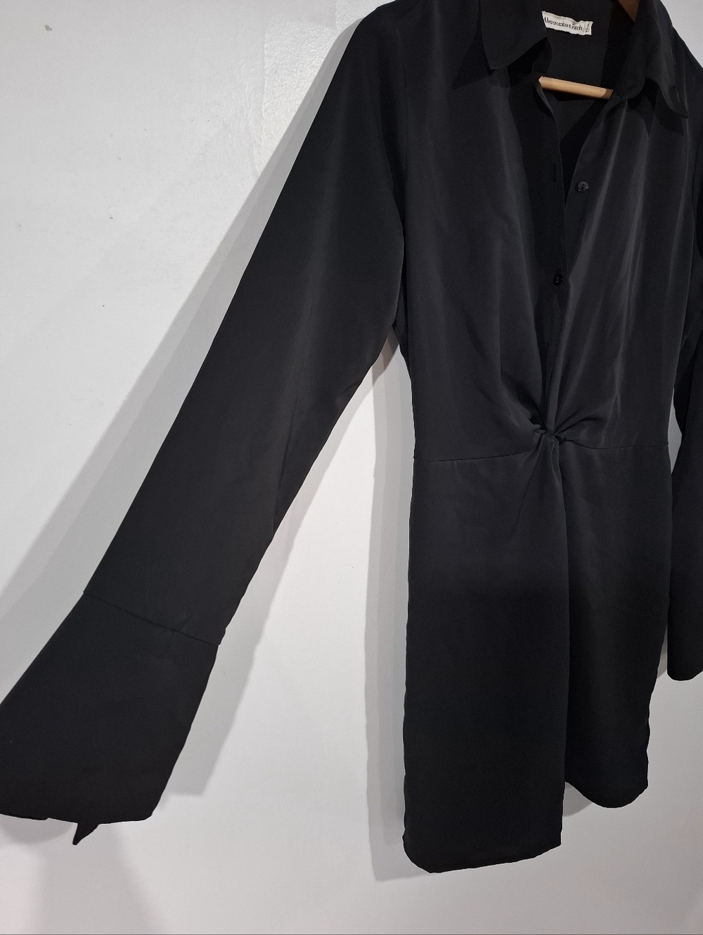 Abercrombie & Fitch Women's Mini Dress Black Twist-Front Long Bell Sleeve Sz S - Picture 3 of 12